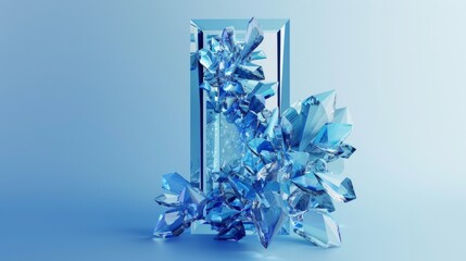 3D rendering of glass with a blue crystal texture, in a rectangular shape on a white background.