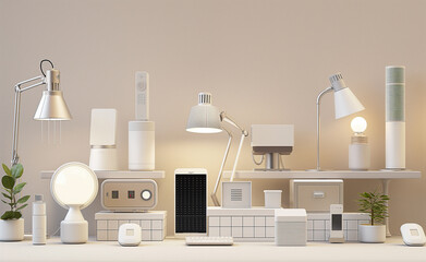 Product display for energy-efficient tech gadgets, such as LED lamps, smart thermostats, or solar-powered chargers. 