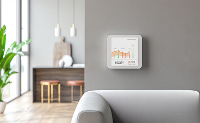 Modern home energy monitor displaying real-time energy use in a minimalist home setting.