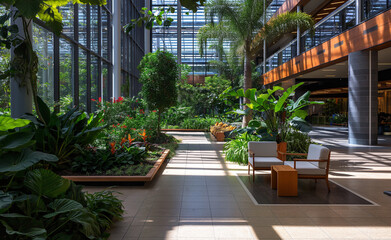 Public space or commercial building incorporating biophilic design principles, such as indoor gardens, natural light, and elements that mimic nature.