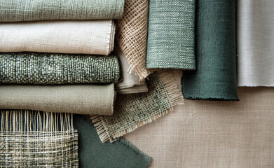 Eco-friendly fabric swatches in a grid pattern on a neutral background.