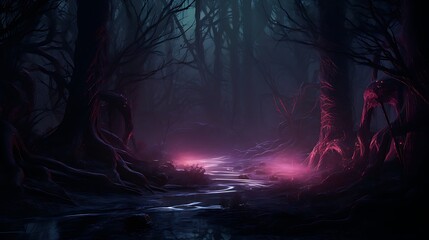 Image of a spectral haunted forest, where ancient trees loom like silent sentinels
