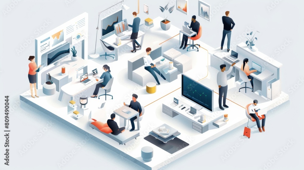 Poster hybrid workplace environment with advanced tech tools enhancing productivity