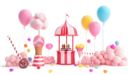 Fun at the Amusement Park with a Cotton Candy Machine  and balloons isolated on a transparent background