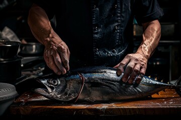 Master chef skillfully preparing a whole tuna for cooking, highlighting precision and technique in seafood cuisine.