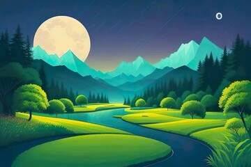 Beautiful and Peaceful Nature Scenery Illustration, Landscape, Countryside, Tranquil, Vibrant and Colorful