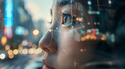 A woman's face overlaid with futuristic digital graphics, depicting advanced technology integration in human perception against a blurred cityscape background
