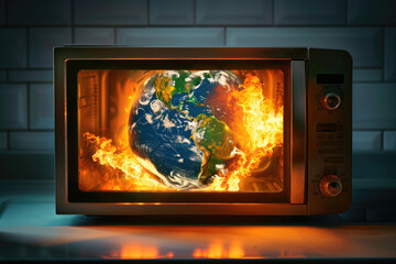 planet earth in a microwave showing global warning effects, temperature increase, over heating of the world in climate change