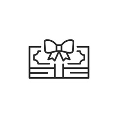 Icon of a gift card adorned with a decorative bow, representing a voucher or certificate used as a present or promotional incentive in retail and marketing. For loyalty programs. Vector illustration