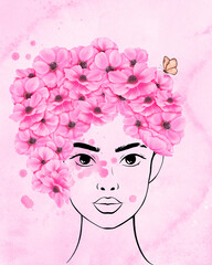 watercolor poster. line portrait of a beautiful young woman. hairstyle with pink anemone flowers, embellished with a butterfly and delicate watercolor splashes, symbolizes vibrancy and inspiration