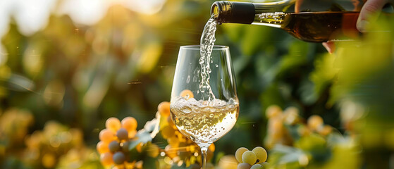 Close up of a hand pouring white wine from a bottle into a glass in a vineyard, focusing on the detailed flow of the liquid and color of the wine. A background with blurred green plants and sky.