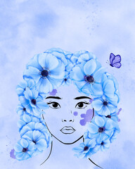 watercolor poster. line portrait of a young Asian woman. her hairstyle with enchanting blue anemone flowers and a delicate butterfly, a sense of freedom and vitality. diversity and individuality