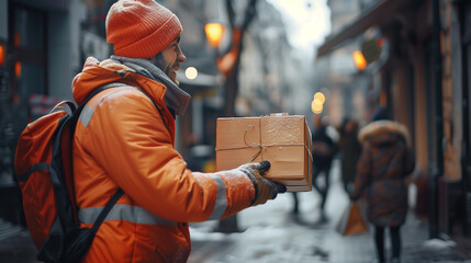 Delivery worker's dedication shines through as they hand over the parcel to the awaiting recipient