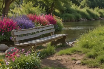 Bench by the River: Whimsical Escape into Floral Fantasy