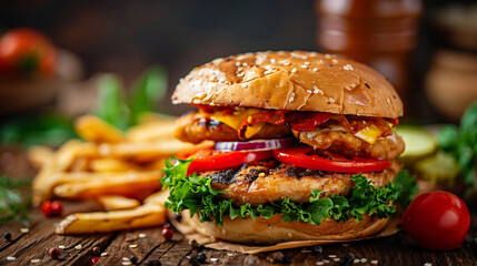 fresh and juicy chicken burger with French fries on the wooden table, fast food advertising 