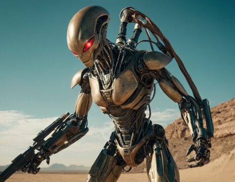 A robot with red eyes stands in a desert