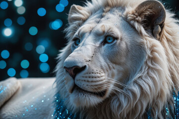 A White Lion Captured in Blue Iridescent Hues, Dark Romantic Style, Close-Up Shots, Featuring Glitter, Bokeh, and a Clean, Minimalist Aesthetic