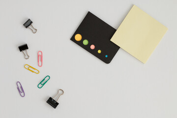 Office supplies top view on white background.