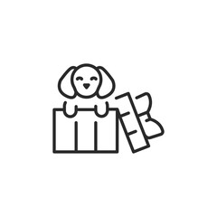  Icon depicting an adorable puppy peeking out from an opened gift box, symbolizing a pet as a special surprise or a loving gesture of pet adoption. Ideal for use in heartfelt gift. Vector illustration