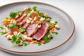 Ahi Tuna Salad with Cilantro Chili Oil and Chopped Macadamia Nuts
