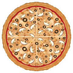 Vector illustration of a tasty mushroom olive pizza