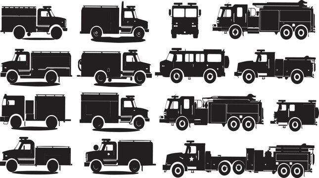 Fire Engine Silhouette vector illustration set 