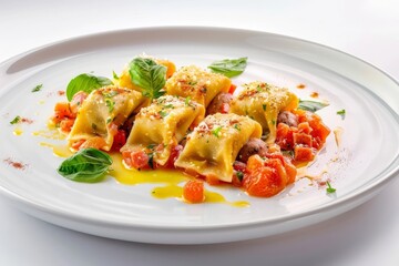 Fototapeta na wymiar Gourmet Italian Agnolotti with Sausage and Ricotta Filling and Burst Cherry Tomato & Pancetta Sauce