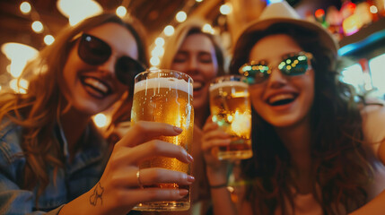 A  group of friends celebrating at a bar or restaurant, drinking beers, a good time on weekend or holiday, celebration