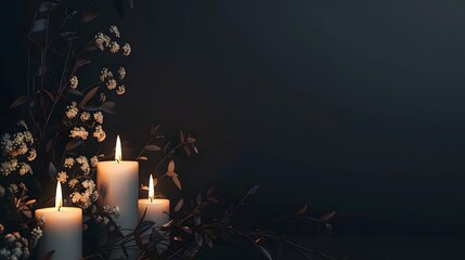 Burning candles and flowers on black background with space for text. Funeral concept.