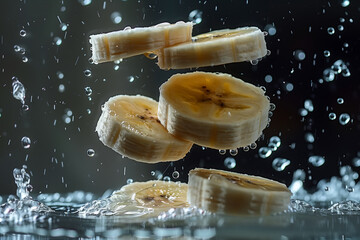 Pieces of ripe bananas are shown falling into a of water