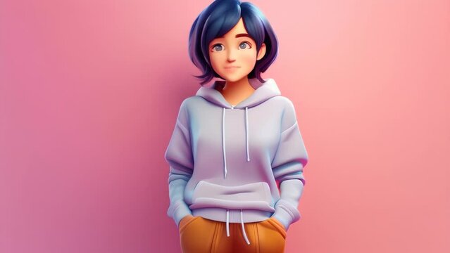 Cheerful young Asian woman with short bob haircut and bangs, wearing a soft pink hoodie. She smiles brightly against a pink background, radiating a warm, friendly, and approachable demeanor.
