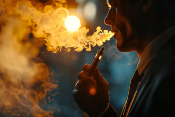 Close-up Man smoking an electronic cigarette in the dark