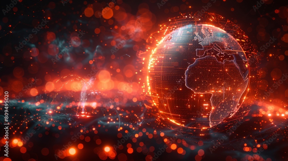 Poster illustrate a globe surrounded networks and nodes powered quantum computing, in a digital art style