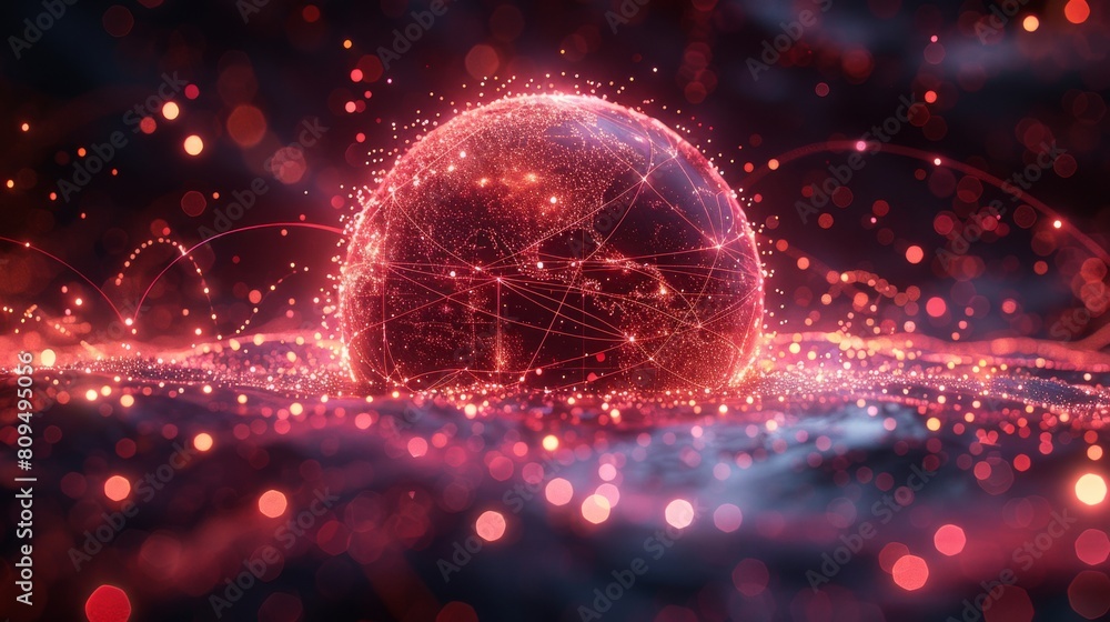Poster illustrate a globe surrounded networks and nodes powered quantum computing, in a digital art style