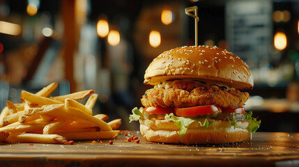 fresh and juicy chicken burger with French fries on the wooden table, fast food advertising 