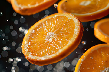 Fresh sliced oranges and berries suspended in mid-air with water droplets