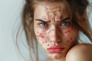 A woman with acne, displaying red spots on her face. The skin condition is visible, causing redness and inflammation in various areas, creating a portrait of a person dealing with a skin problem