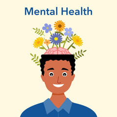 Mental health awareness concept. Man with flowers on his head.