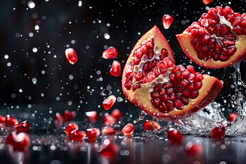Two pomegranates falling into water on a black background