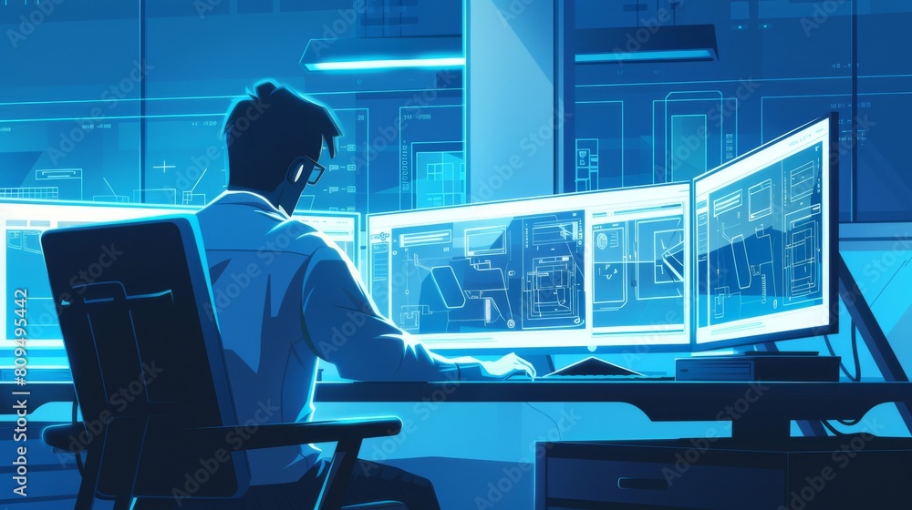 Poster illustrate an intricate, close-up view of an engineer designing a lithium-ion battery using advanced