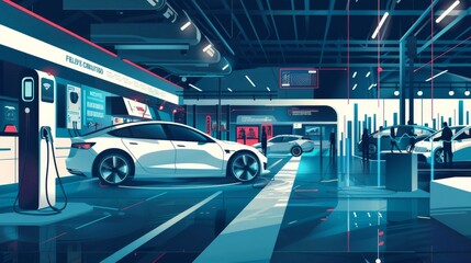 Illustrate an expo scene showcasing various EV technologies, centering on a display of a regenerative braking system