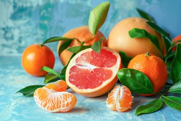 Fresh Citrus Fruits on a Blue Background With Highlighted Grapefruit