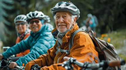 Fototapeta premium Three happy senior friends with helmets enjoy a bike ride in nature