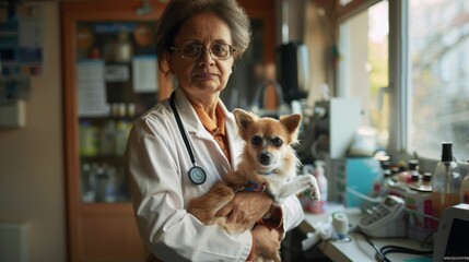 The picture of the adult veterinarian and dog staying in the office of the clinic or hospital that...