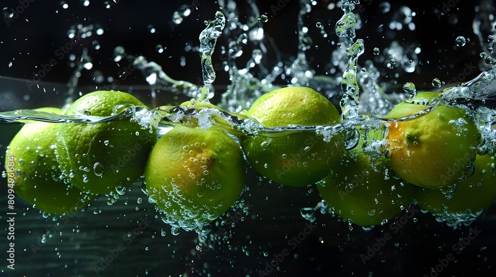 Poster ripe limes splashing into black water,creating colorful contrast and intricate patterns