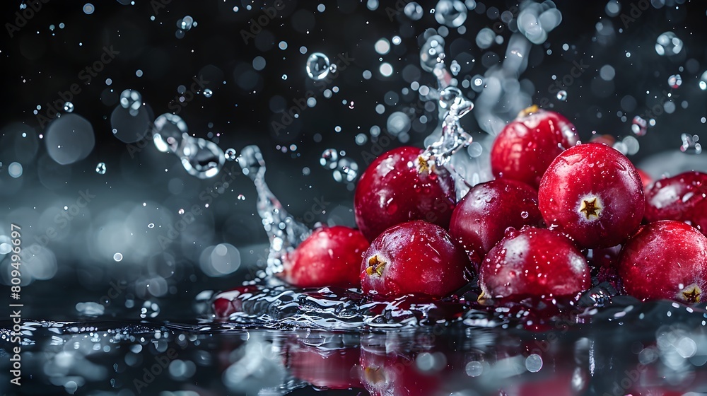 Poster ripe cranberries falling into dark water tank creating colorful splash patterns