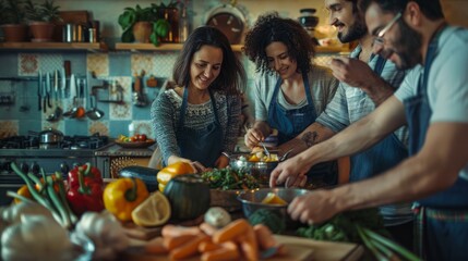 A group of friends enjoying a healthy cooking class. hyper realistic 
