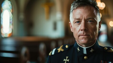 The picture of the military officer standing inside the church and working as the priest with blur background, the priest require Counseling skill, Communication skill, Theological Knowledge. AIG43.