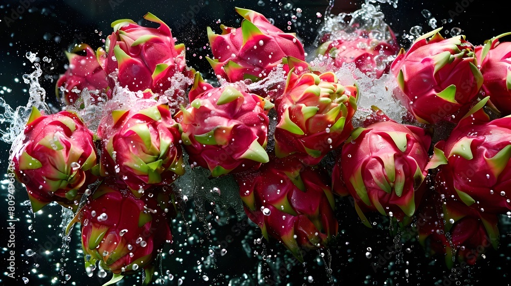 Poster ripe dragonfruit cascading into reflective water creating colorful splash patterns