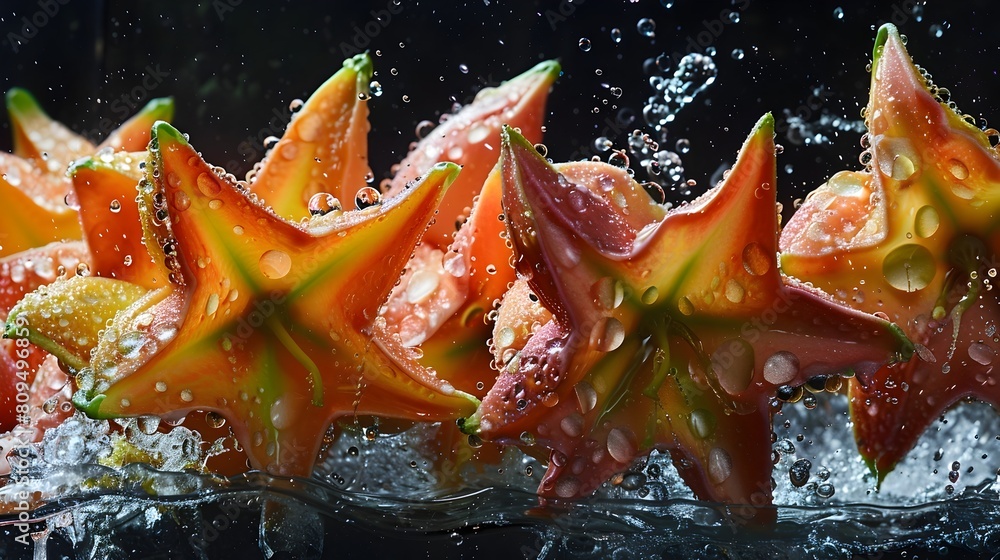 Poster ripe starfruit plunging into contrasting dark waters,creating captivating splash patterns